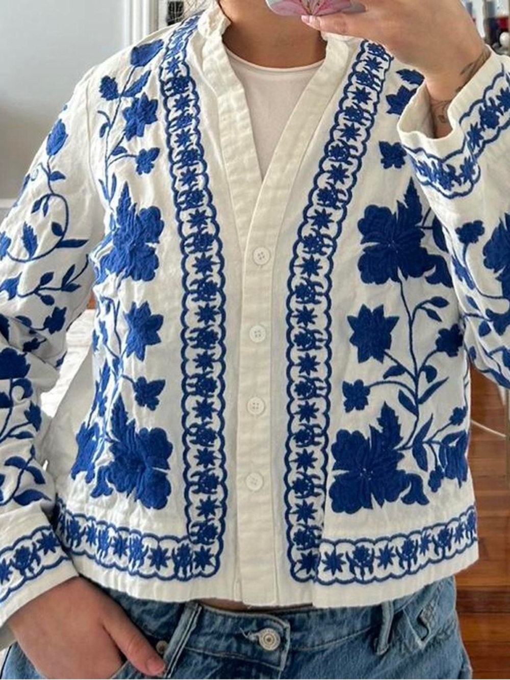 Zara White Jacket with Blue Floral Embroidery